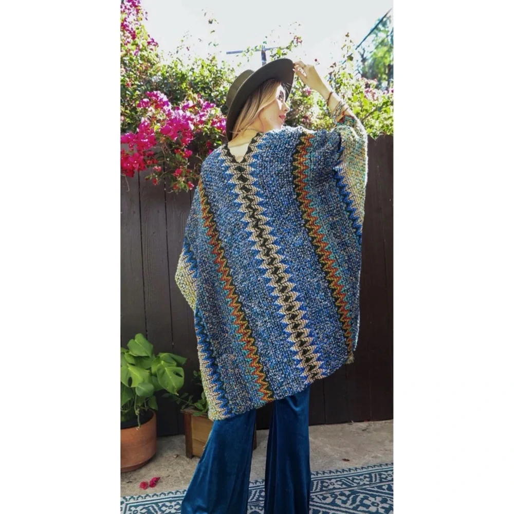 Couture Gypsy | Sweaters | Boho Cobalt Blue Multicolor Tassel Poncho ...